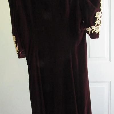 Vintage Maroon Velvet Dress With Off White Crocheted Trim, Nice!