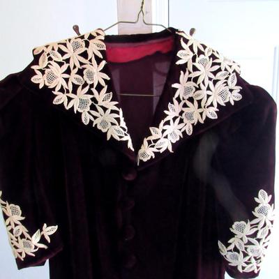 Vintage Maroon Velvet Dress With Off White Crocheted Trim, Nice!