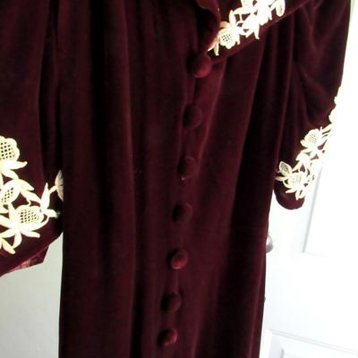 Vintage Maroon Velvet Dress With Off White Crocheted Trim, Nice!