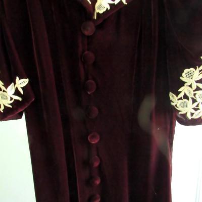 Vintage Maroon Velvet Dress With Off White Crocheted Trim, Nice!