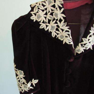 Vintage Maroon Velvet Dress With Off White Crocheted Trim, Nice!