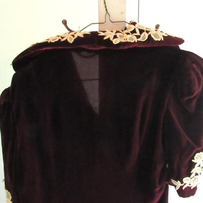 Vintage Maroon Velvet Dress With Off White Crocheted Trim, Nice!