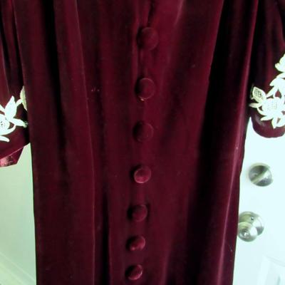 Vintage Maroon Velvet Dress With Off White Crocheted Trim, Nice!