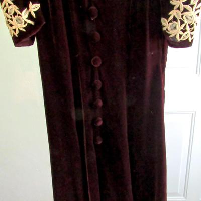 Vintage Maroon Velvet Dress With Off White Crocheted Trim, Nice!