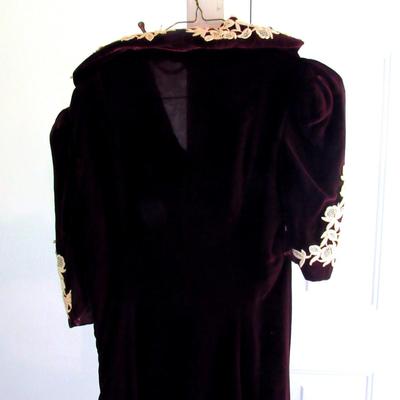 Vintage Maroon Velvet Dress With Off White Crocheted Trim, Nice!
