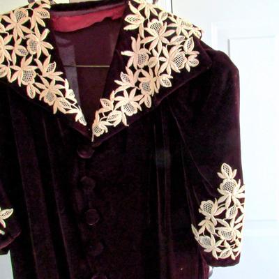 Vintage Maroon Velvet Dress With Off White Crocheted Trim, Nice!