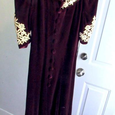 Vintage Maroon Velvet Dress With Off White Crocheted Trim, Nice!