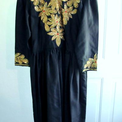 Vintage Black Dress With Gold Sequin and Bead Neckline Trim