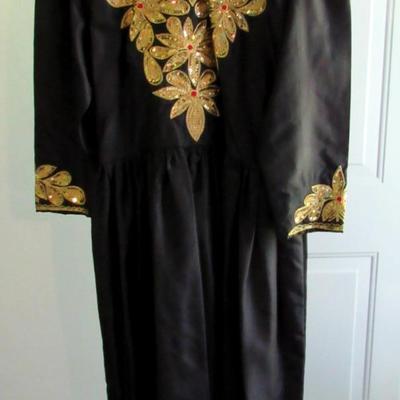 Vintage Black Dress With Gold Sequin and Bead Neckline Trim