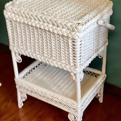 White wicker sewing table