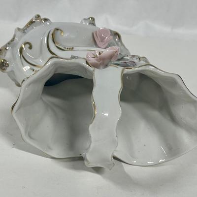 Vintage White Porcelain Basket Shaped Vase with pink ceramic flowers