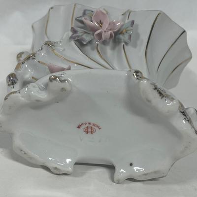 Vintage White Porcelain Basket Shaped Vase with pink ceramic flowers