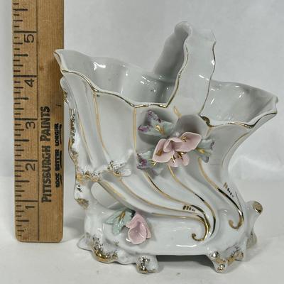 Vintage White Porcelain Basket Shaped Vase with pink ceramic flowers