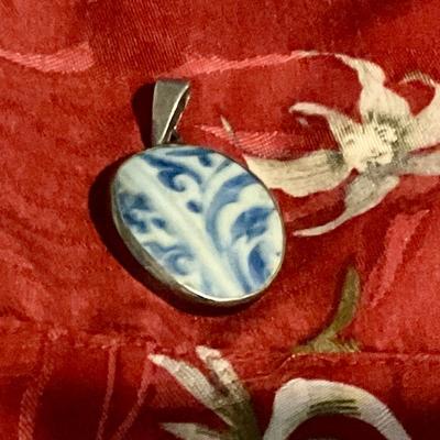 Recycled pottery shard pendent with sterling silver bezel
