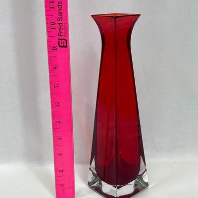 MCM Square Geometric Glass Ruby Red Vase with Flared Top and Clear Bottom - Heavy 10.5" Tall