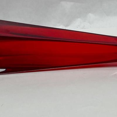 MCM Square Geometric Glass Ruby Red Vase with Flared Top and Clear Bottom - Heavy 10.5" Tall