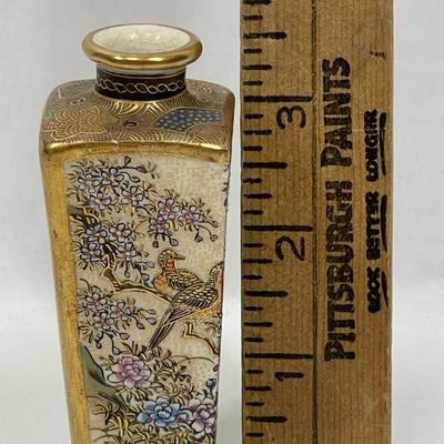 Miniature Vase Satsuma Style cream colored glaze bird & flower scenes with gilt 3.5"