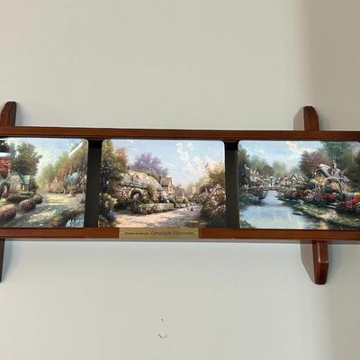 Thomas Kinkade Lamplight Memories Trio of Plates W/ Wood Wall Display Shelf.