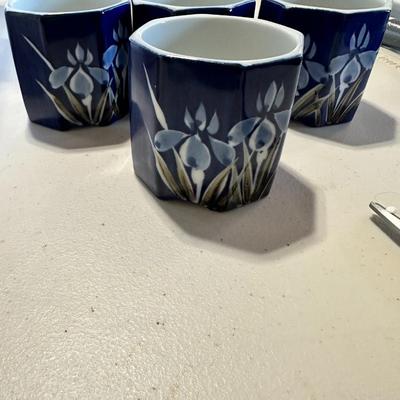 Asian Blue Iris Octagonal Ceramic Teapot Wood Handle Floral Flowers w/ cups