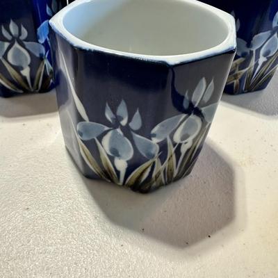Asian Blue Iris Octagonal Ceramic Teapot Wood Handle Floral Flowers w/ cups