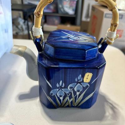 Asian Blue Iris Octagonal Ceramic Teapot Wood Handle Floral Flowers w/ cups