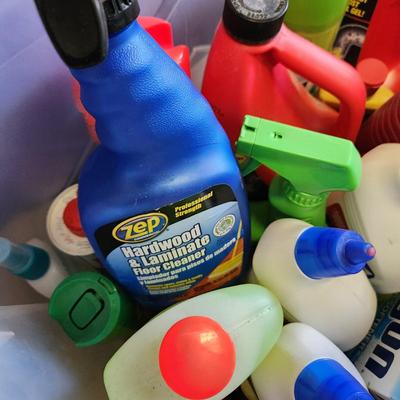 2 Plastic Totes Full Household Supplies Drano Lysol Mr Clean Zep and more