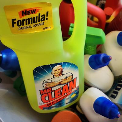 2 Plastic Totes Full Household Supplies Drano Lysol Mr Clean Zep and more