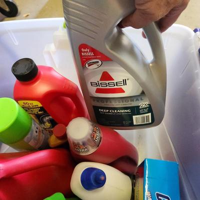 2 Plastic Totes Full Household Supplies Drano Lysol Mr Clean Zep and more