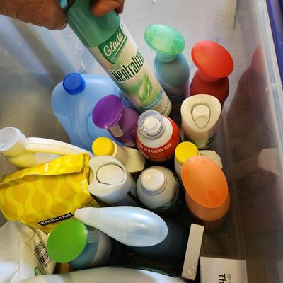 2 Plastic Totes Full Household Supplies Drano Lysol Mr Clean Zep and more