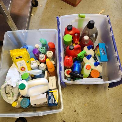 2 Plastic Totes Full Household Supplies Drano Lysol Mr Clean Zep and more