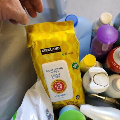 2 Plastic Totes Full Household Supplies Drano Lysol Mr Clean Zep and more