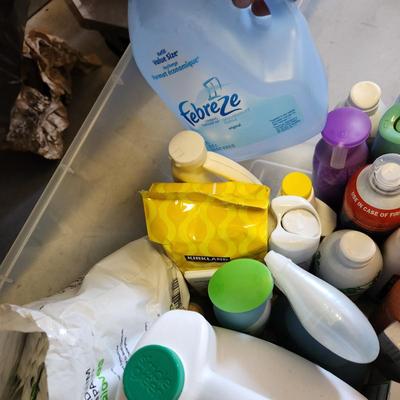 2 Plastic Totes Full Household Supplies Drano Lysol Mr Clean Zep and more