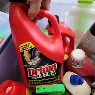 2 Plastic Totes Full Household Supplies Drano Lysol Mr Clean Zep and more
