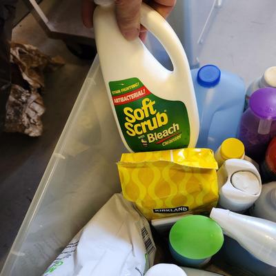 2 Plastic Totes Full Household Supplies Drano Lysol Mr Clean Zep and more