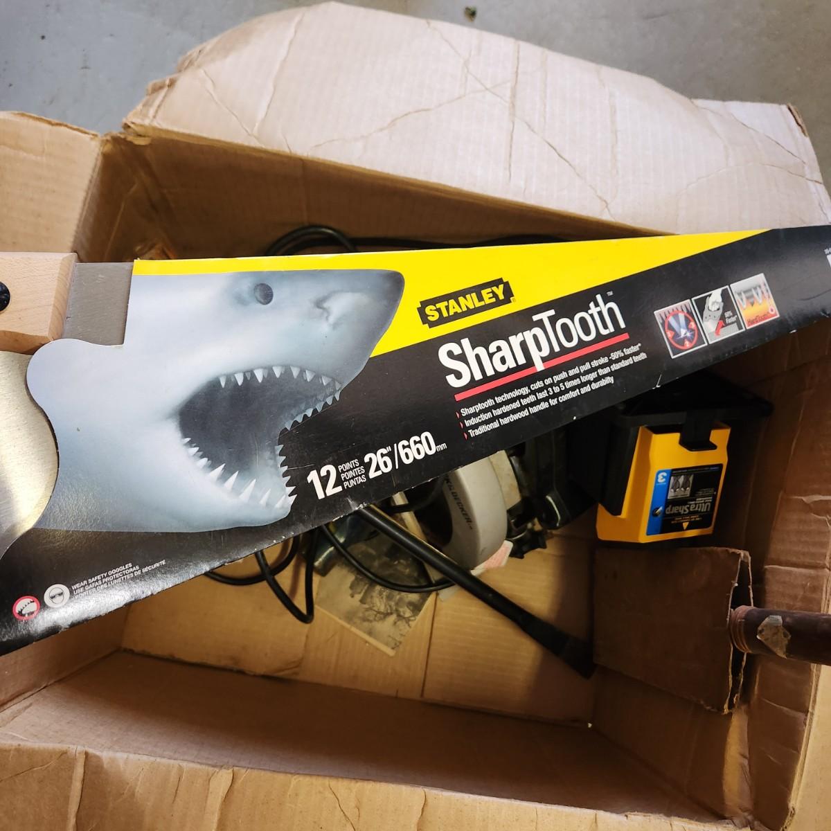 Box Lot of Tools Stanley Saw Drill Sharpener Skil 4235 Variable Speed