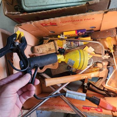 2 Box Lot of Tools 4 way , Saw, Clamp Lamp, Water Sprinkler and more