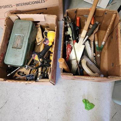 2 Box Lot of Tools 4 way , Saw, Clamp Lamp, Water Sprinkler and more