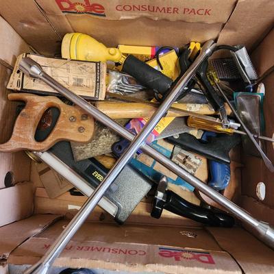 2 Box Lot of Tools 4 way , Saw, Clamp Lamp, Water Sprinkler and more