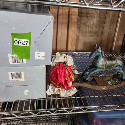 4 Christmas Items Lot Santa Music Box doll Rocking horse