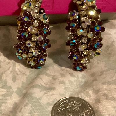 Amethyst and crystal rhinestone clip on earrings