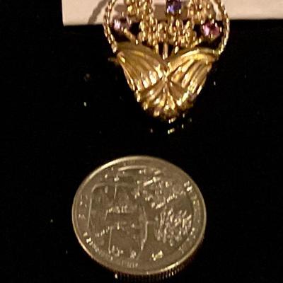 Broach 10 karat gold with colored stones flower basket