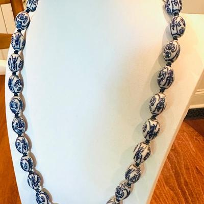 Vintage Hand Knotted Blue and White porcelain Necklace