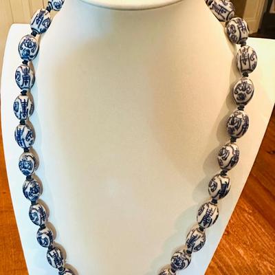 Vintage Hand Knotted Blue and White porcelain Necklace