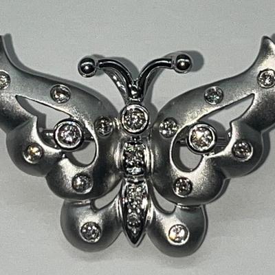 14k .585 Ladies 14k White Gold Diamond Butterfly Pin / Pendant