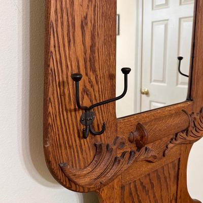 Tiger Oak Mirrored Hall Tree w/Storage