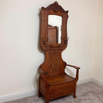 Tiger Oak Mirrored Hall Tree w/Storage