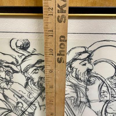 3-man Jazz Band Trio charcoal Sketch, framed, signed