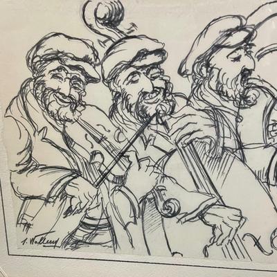 3-man Jazz Band Trio charcoal Sketch, framed, signed