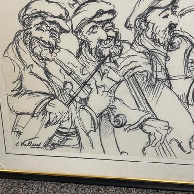 3-man Jazz Band Trio charcoal Sketch, framed, signed