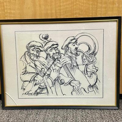 3-man Jazz Band Trio charcoal Sketch, framed, signed